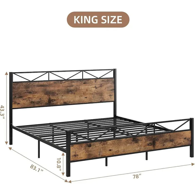 Bed Frame with Headboard, Industrial Platform Queen Bed Frame with 14 Strong Metal Slats Support