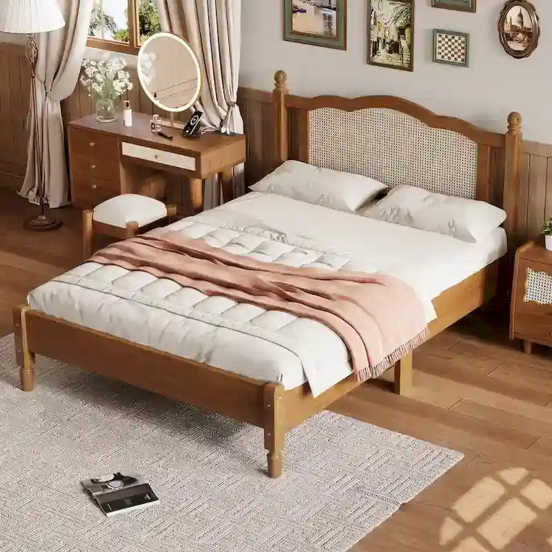 Vintage Wooden Bed with Rattan Headboard