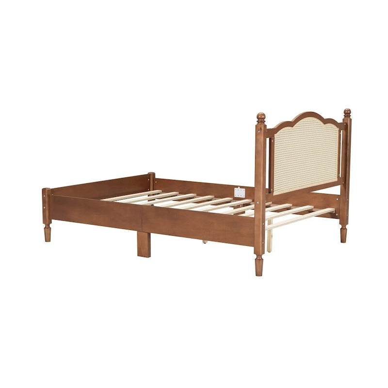 Vintage Wooden Bed with Rattan Headboard