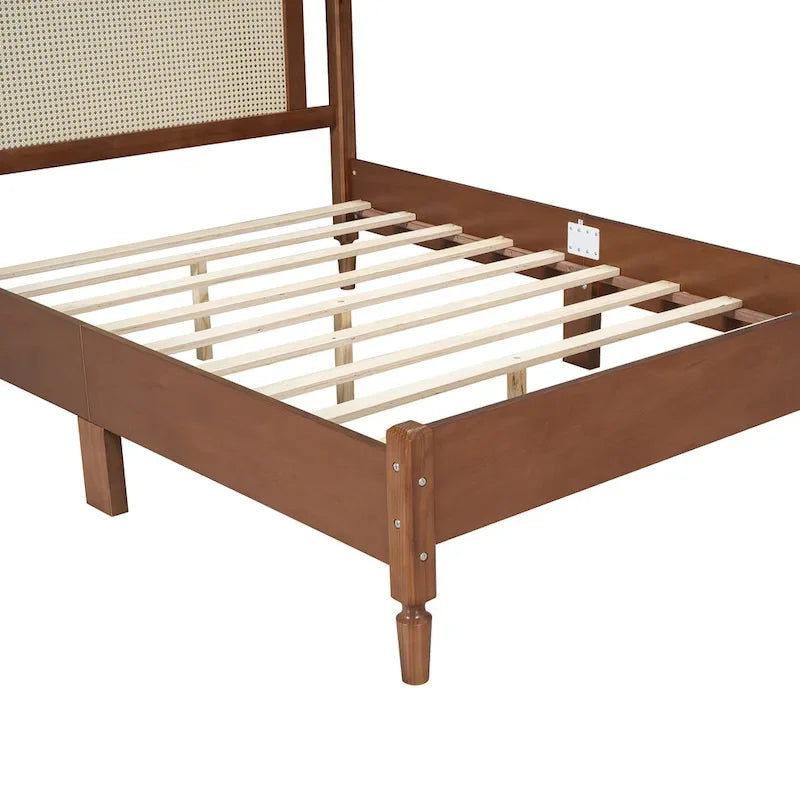 Vintage Wooden Bed with Rattan Headboard