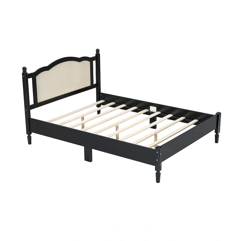 Vintage Wooden Bed with Rattan Headboard
