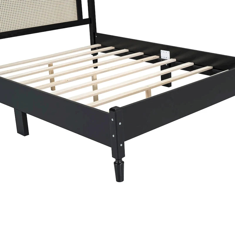 Vintage Wooden Bed with Rattan Headboard