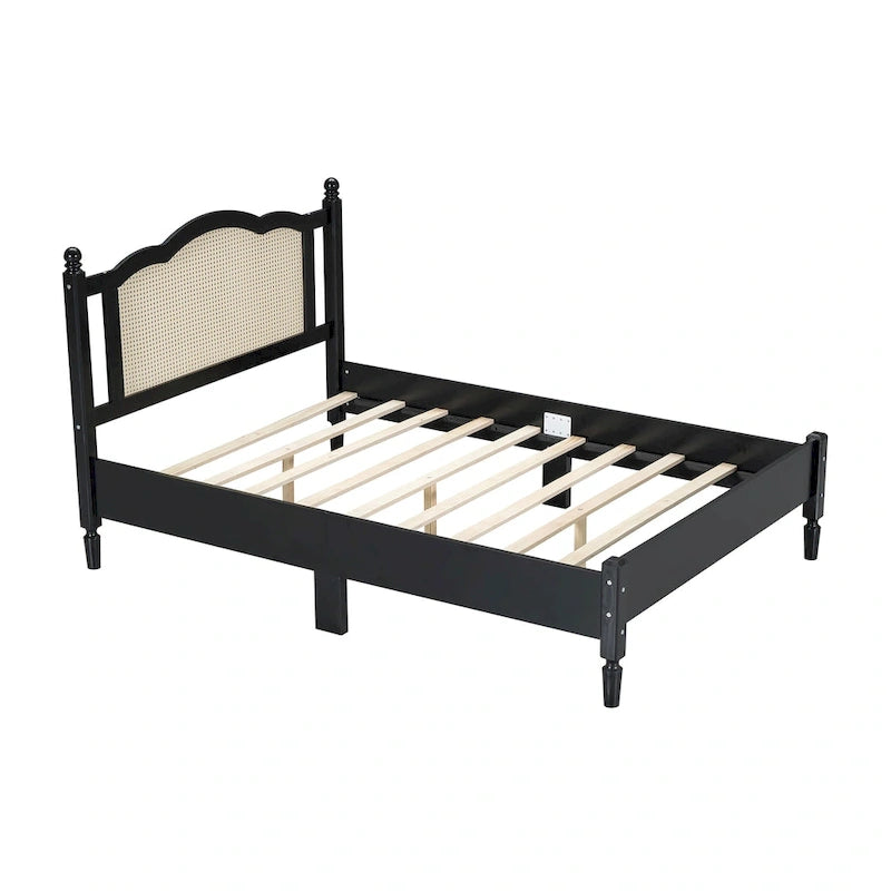 Vintage Wooden Bed with Rattan Headboard