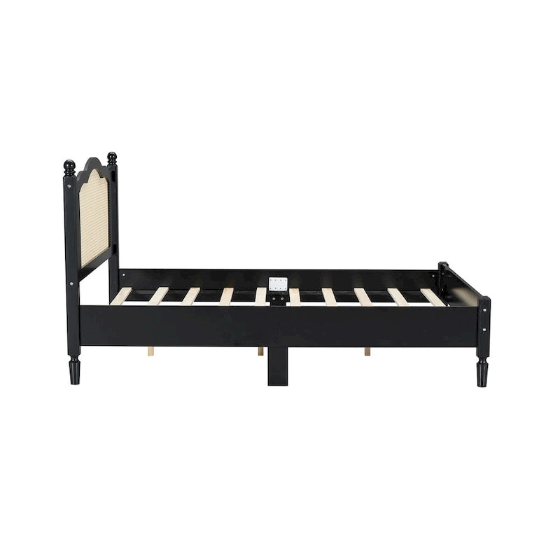 Vintage Wooden Bed with Rattan Headboard
