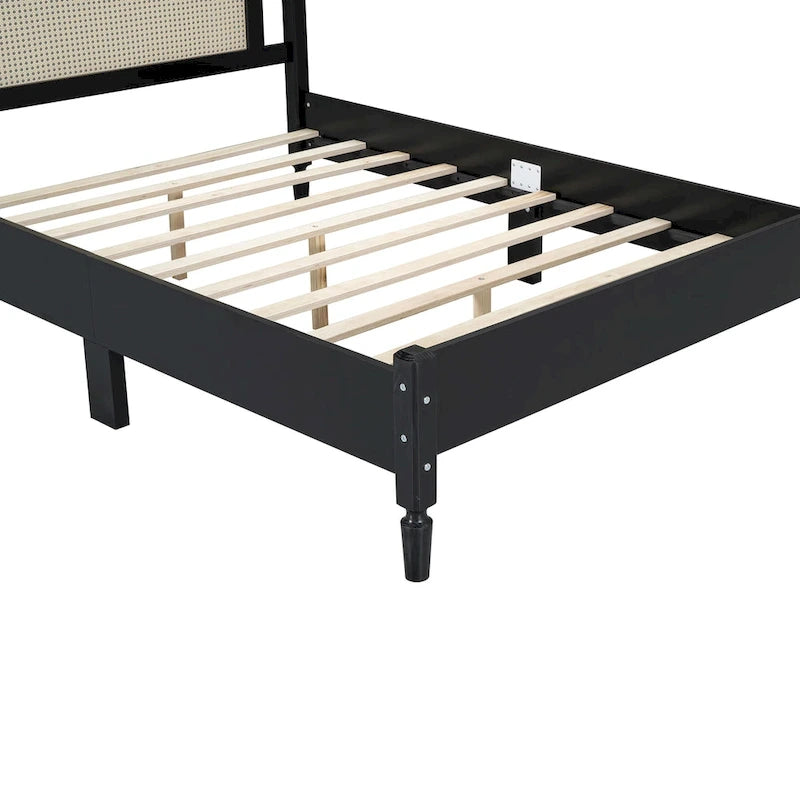 Vintage Wooden Bed with Rattan Headboard