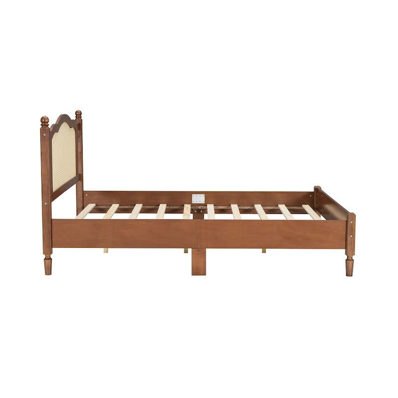 Vintage Wooden Bed with Rattan Headboard