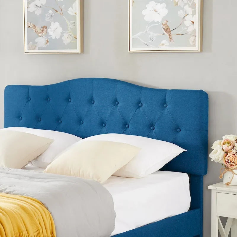 VECELO Modern Tufted Upholstered Bed Frame with Height- Adjustable Headboard,Dark Blue