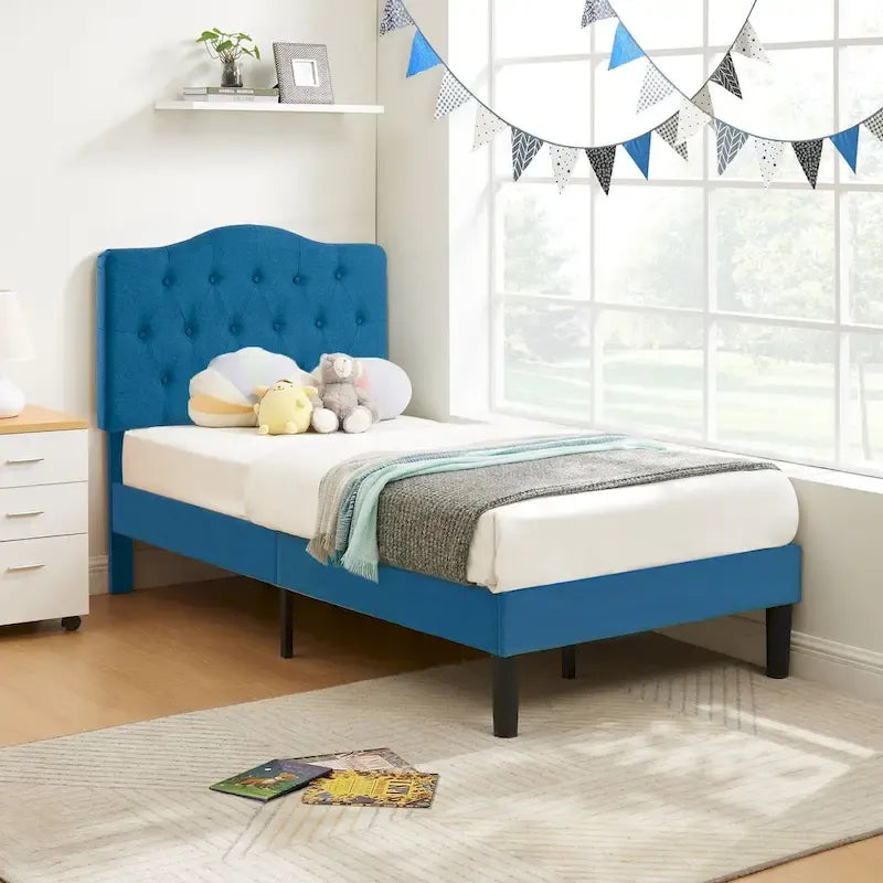 VECELO Modern Tufted Upholstered Bed Frame with Height- Adjustable Headboard,Dark Blue