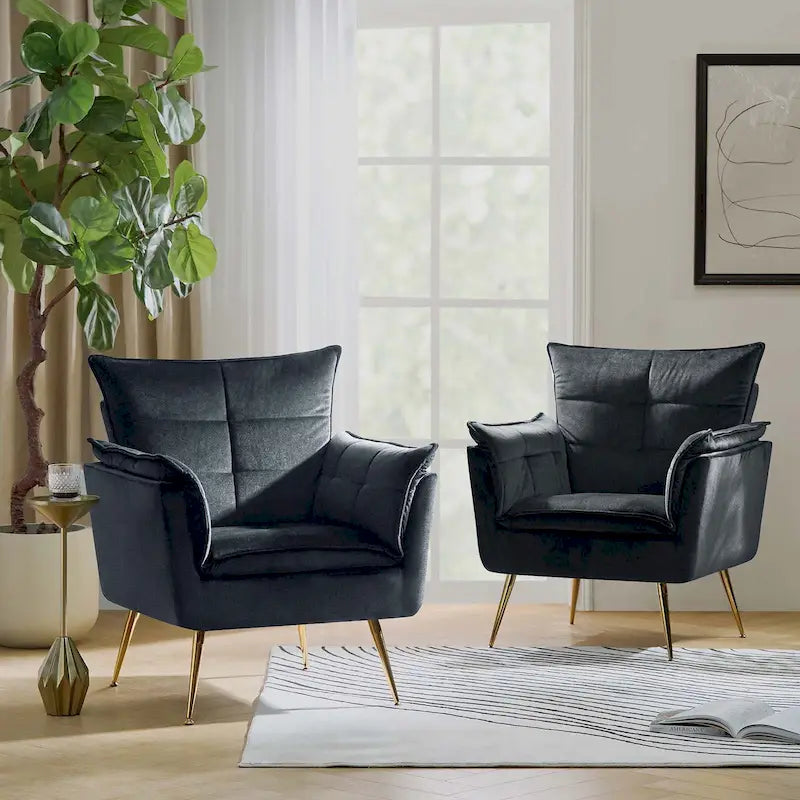 1ida Modern Velvet Tufted Accent Armchair with Gold Metal Legs Set of 2 by HULALA HOME