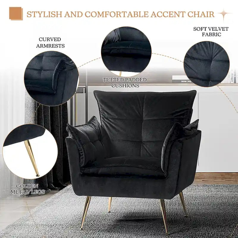 1ida Modern Velvet Tufted Accent Armchair with Gold Metal Legs Set of 2 by HULALA HOME