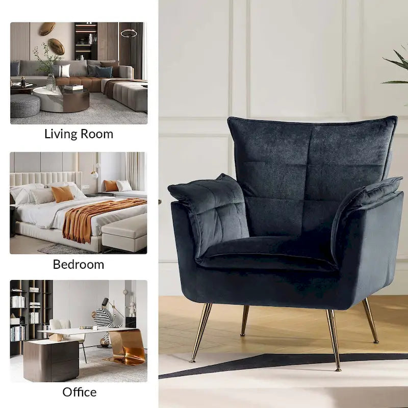 1ida Modern Velvet Tufted Accent Armchair with Gold Metal Legs Set of 2 by HULALA HOME