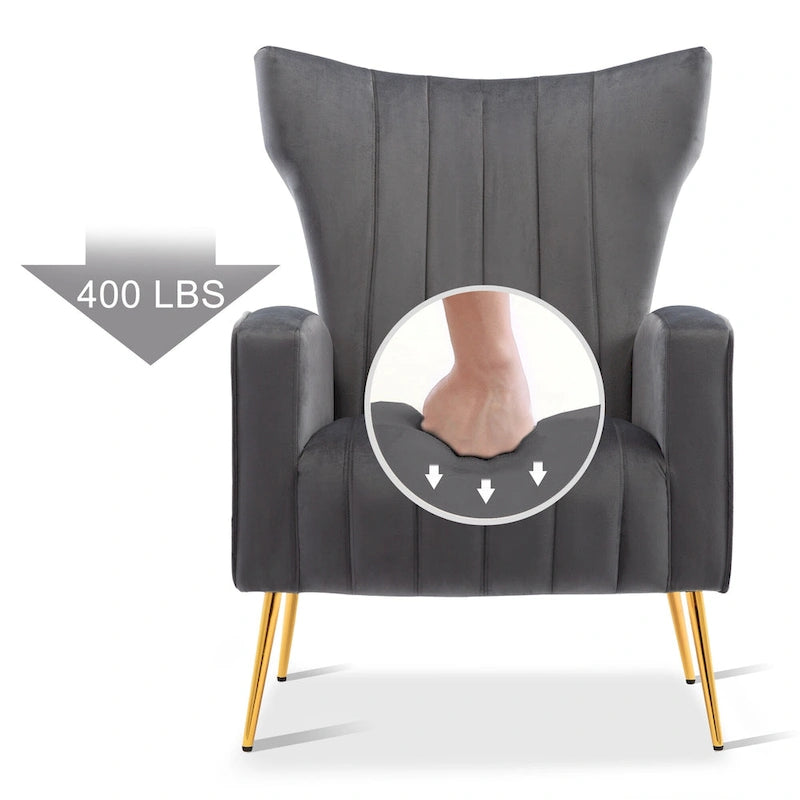 Velvet Accent Chair, Wingback Arm Chair with Gold Legs, Upholstered Single Sofa for Living Room Bedroom