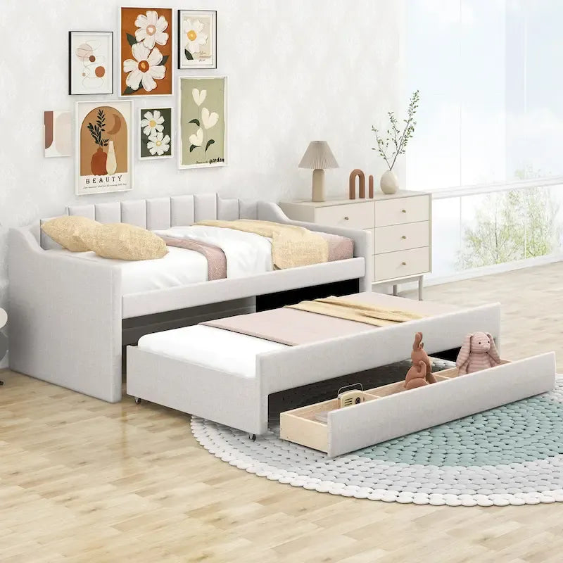 Twin Size Upholstered Daybed with Trundle and Three Drawers, Beige