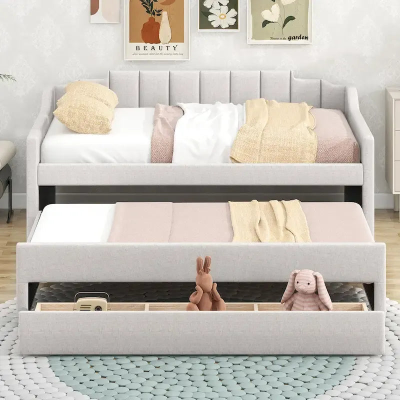 Twin Size Upholstered Daybed with Trundle and Three Drawers, Beige