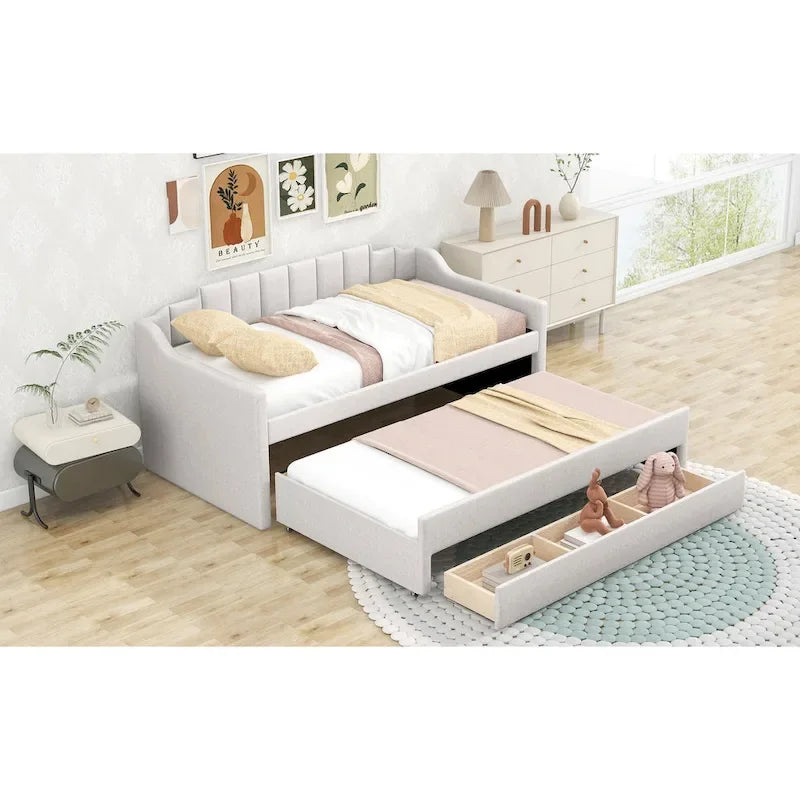 Twin Size Upholstered Daybed with Trundle and Three Drawers, Beige