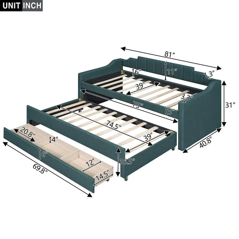 Twin Size Upholstered Daybed with Trundle and Three Drawers, Beige