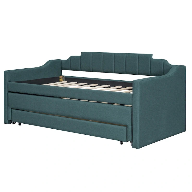 Twin Size Upholstered Daybed with Trundle and Three Drawers, Beige
