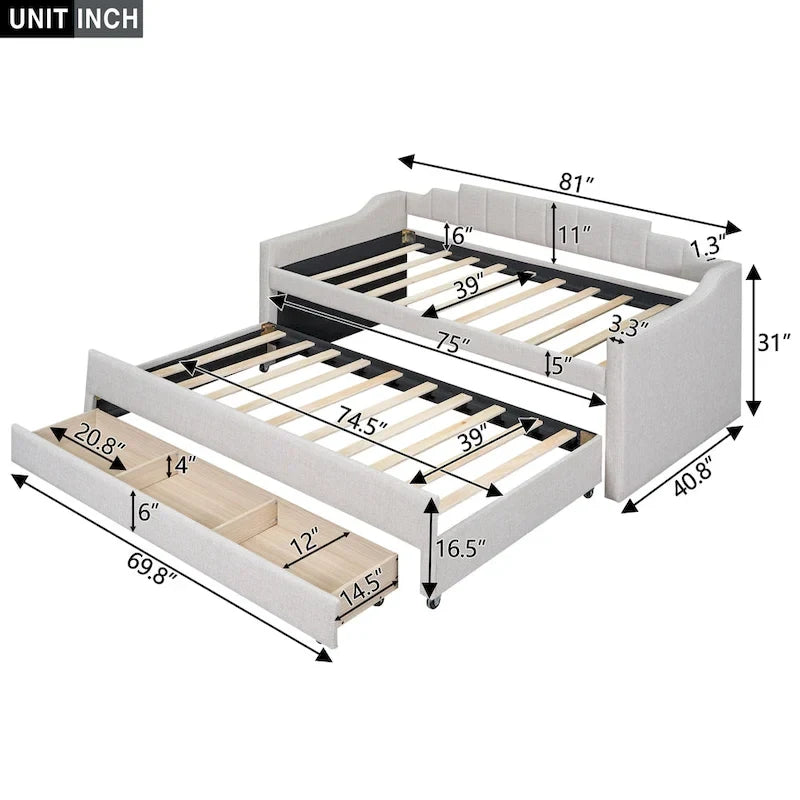 Twin Size Upholstered Daybed with Trundle and Three Drawers, Beige