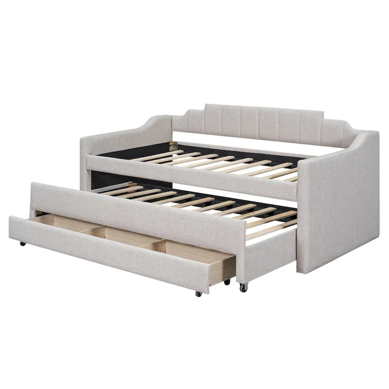 Twin Size Upholstered Daybed with Trundle and Three Drawers, Beige