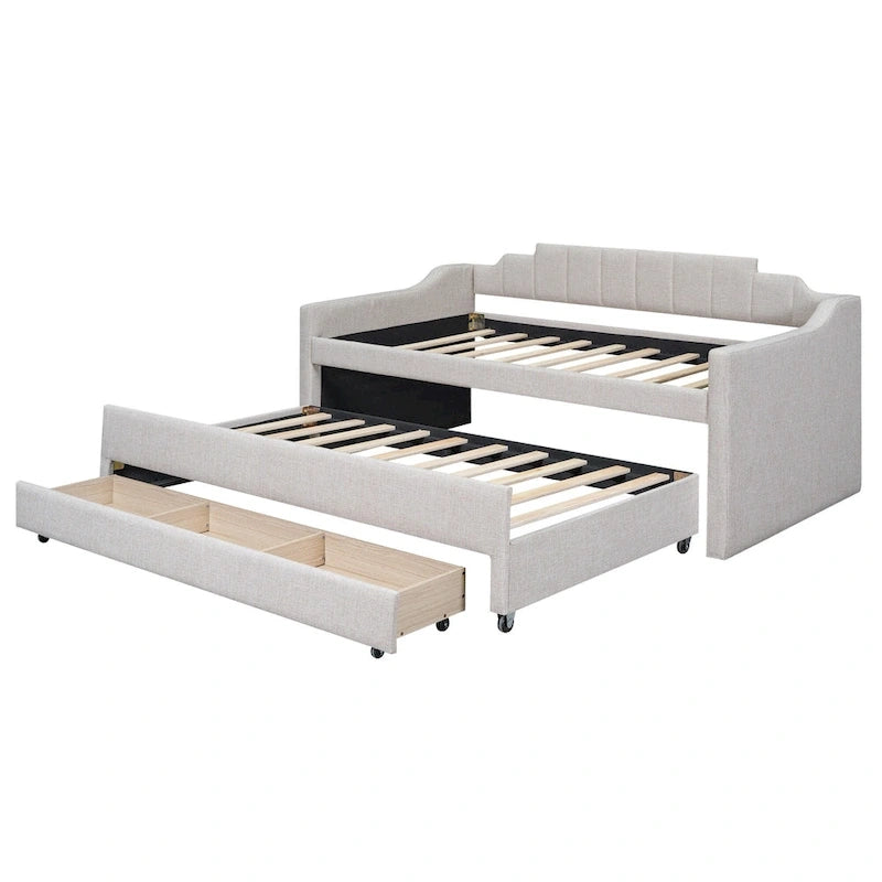 Twin Size Upholstered Daybed with Trundle and Three Drawers, Beige
