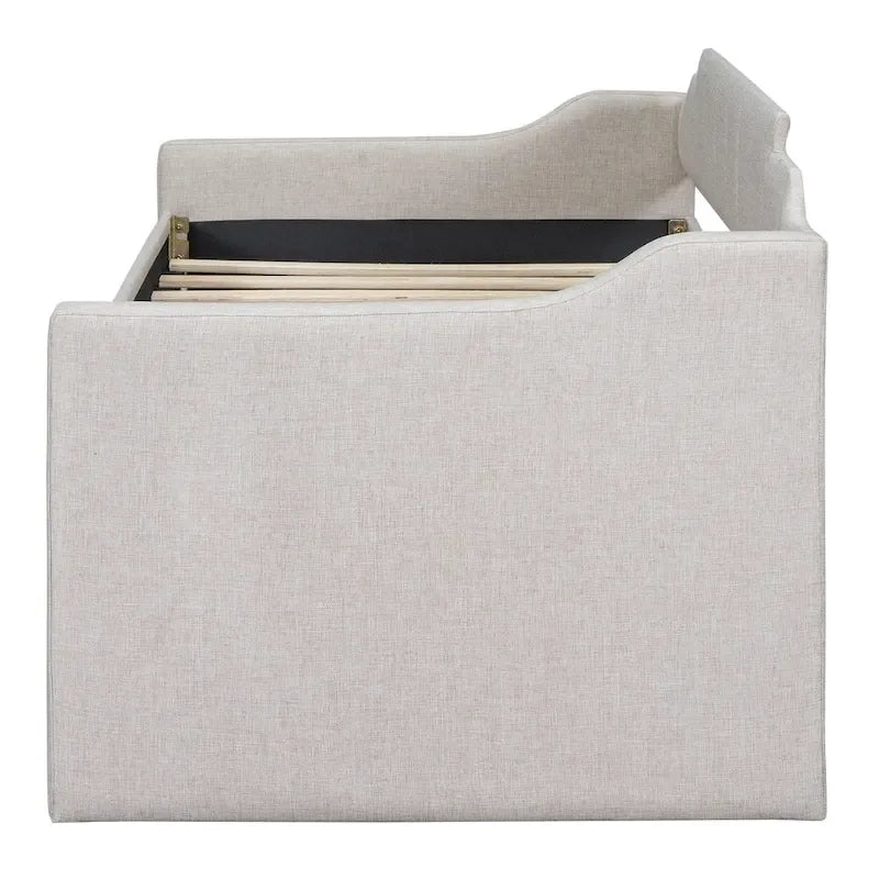 Twin Size Upholstered Daybed with Trundle and Three Drawers, Beige