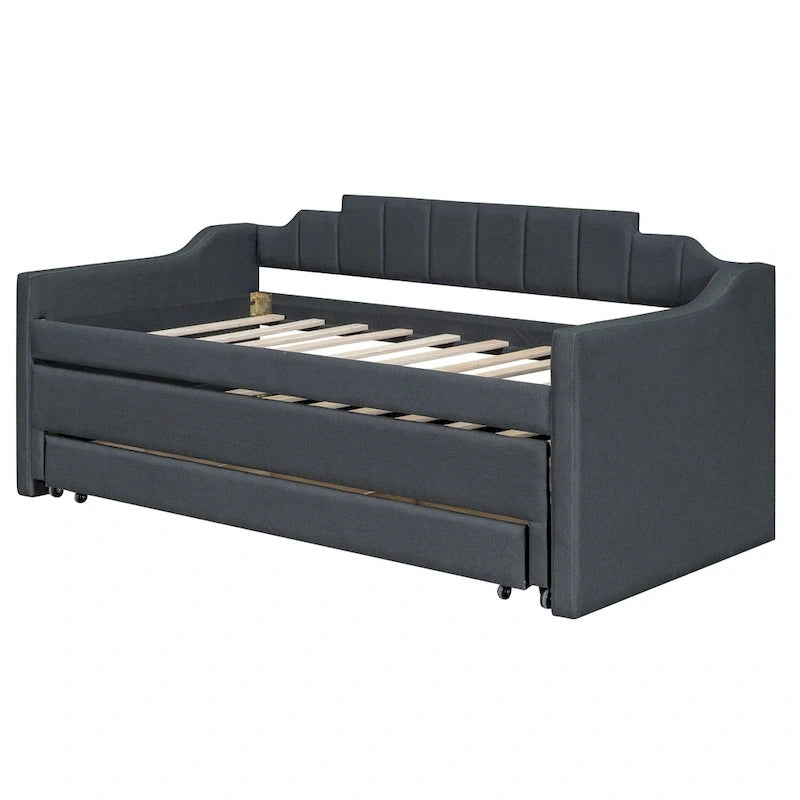 Twin Size Upholstered Daybed with Trundle and Three Drawers, Beige