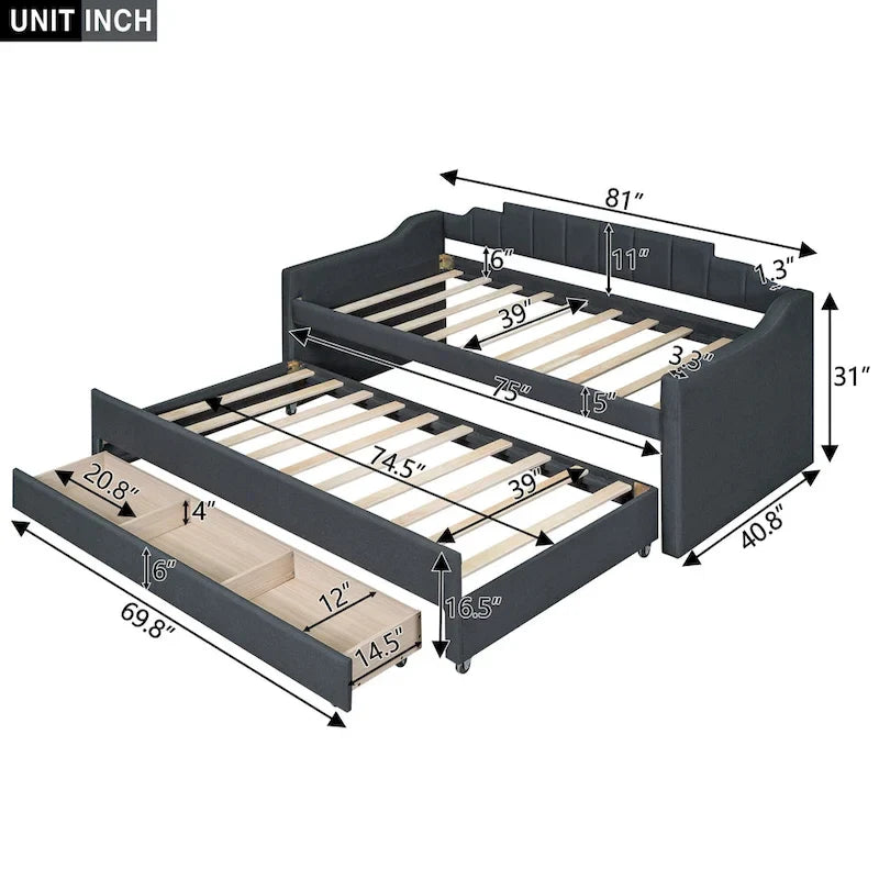 Twin Size Upholstered Daybed with Trundle and Three Drawers, Beige
