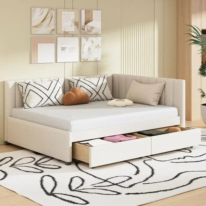 Full Size Linen Upholstered Daybed with 2 Storage Drawers