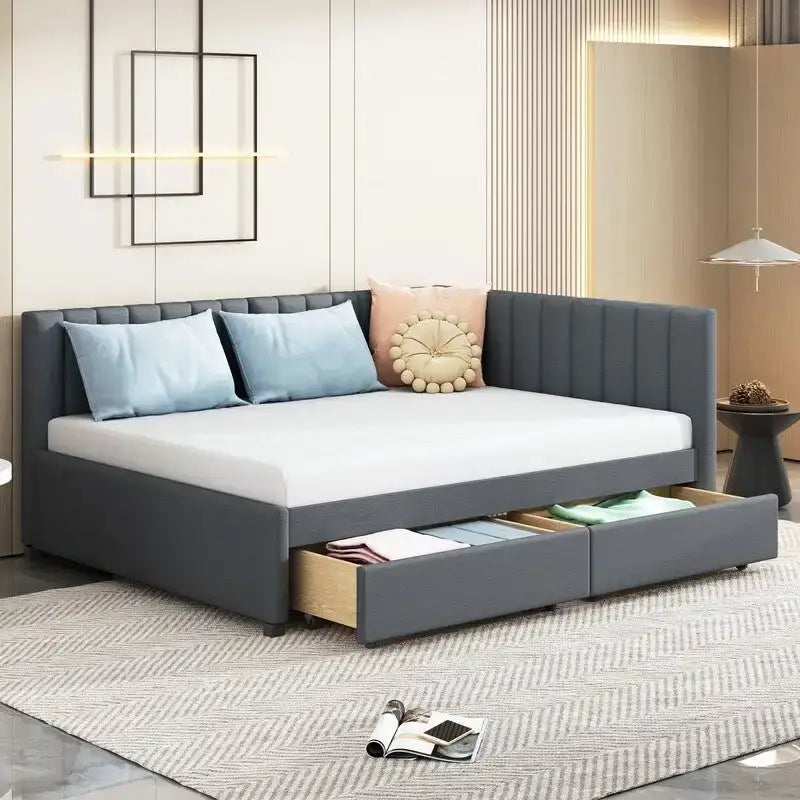 Full Size Linen Upholstered Daybed with 2 Storage Drawers