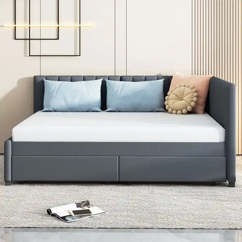 Full Size Linen Upholstered Daybed with 2 Storage Drawers