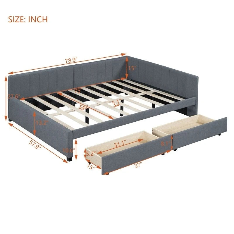 Full Size Linen Upholstered Daybed with 2 Storage Drawers