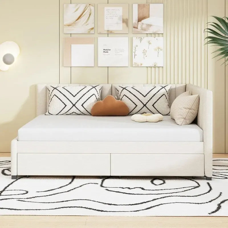 Full Size Linen Upholstered Daybed with 2 Storage Drawers