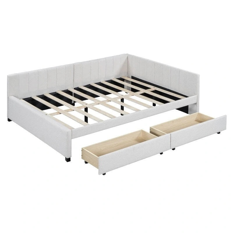 Full Size Linen Upholstered Daybed with 2 Storage Drawers