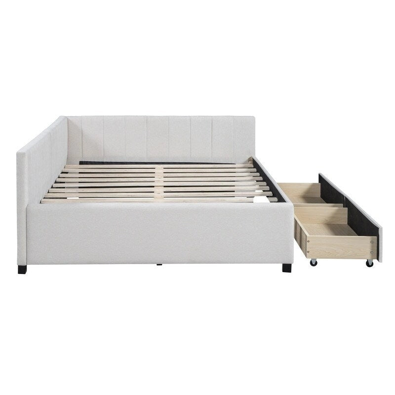 Full Size Linen Upholstered Daybed with 2 Storage Drawers