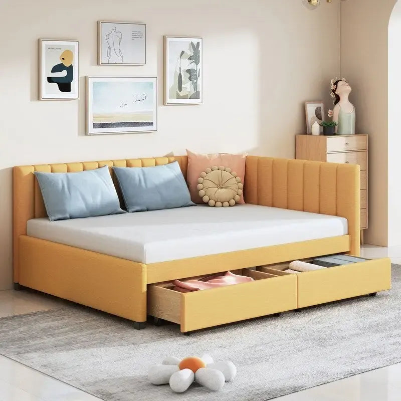 Full Size Linen Upholstered Daybed with 2 Storage Drawers