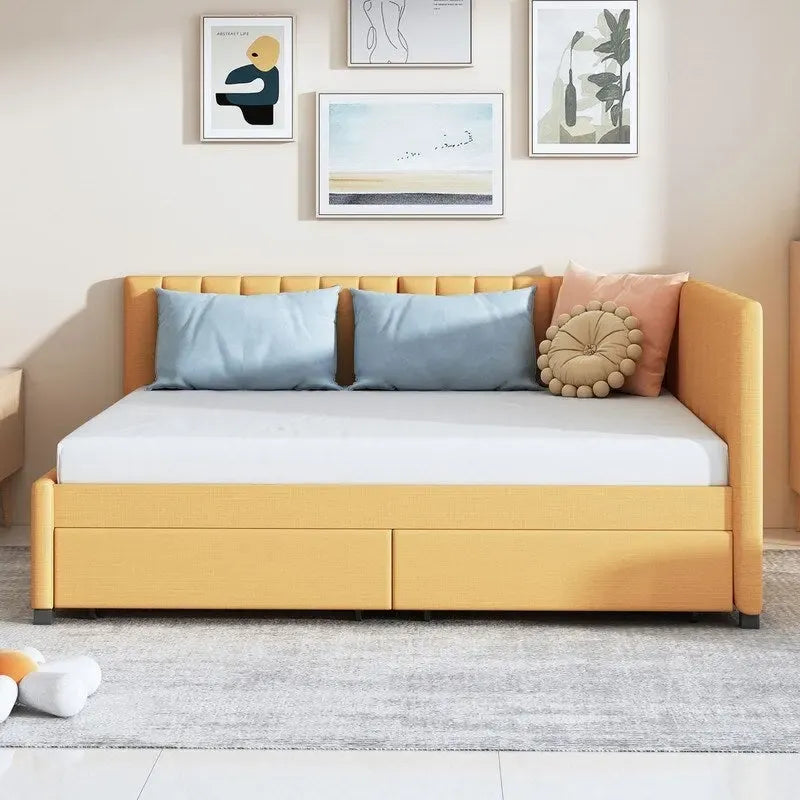 Full Size Linen Upholstered Daybed with 2 Storage Drawers