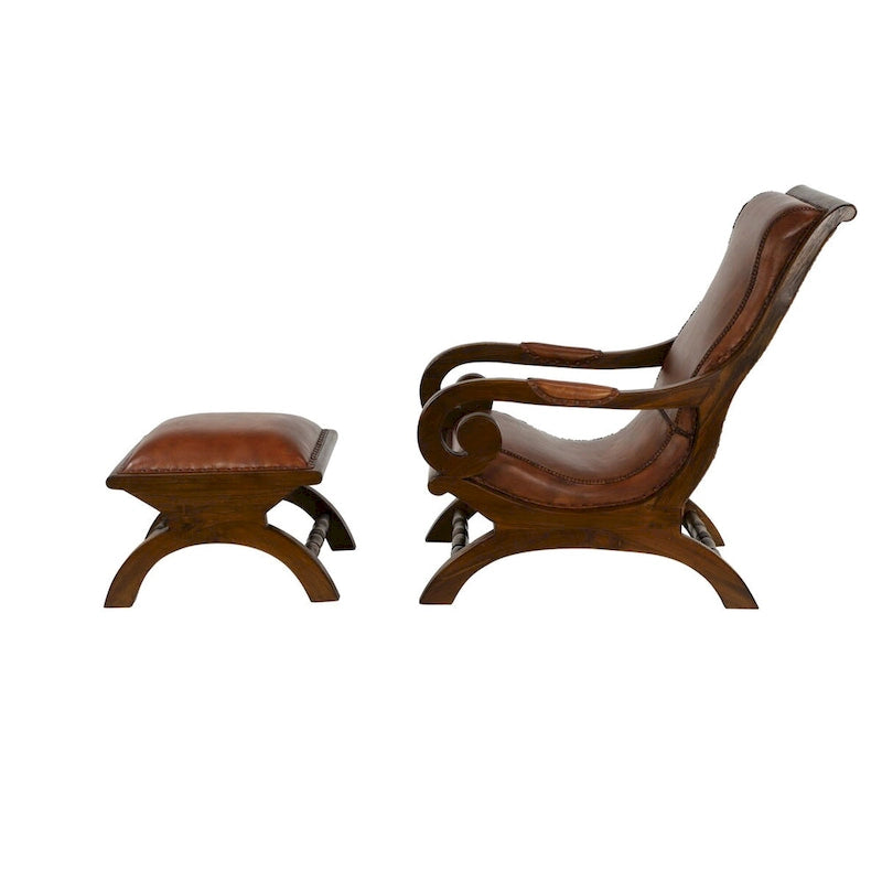 Teak Wood Handmade Upholstered Leather Accent Chair with Ottoman - Brown or Black - Roche River Decor