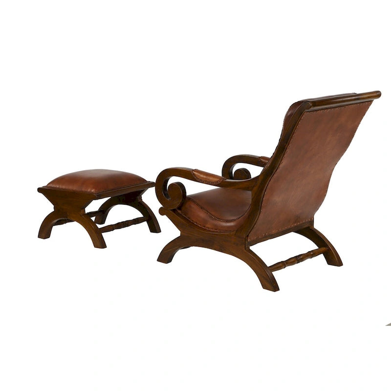 Teak Wood Handmade Upholstered Leather Accent Chair with Ottoman - Brown or Black - Roche River Decor