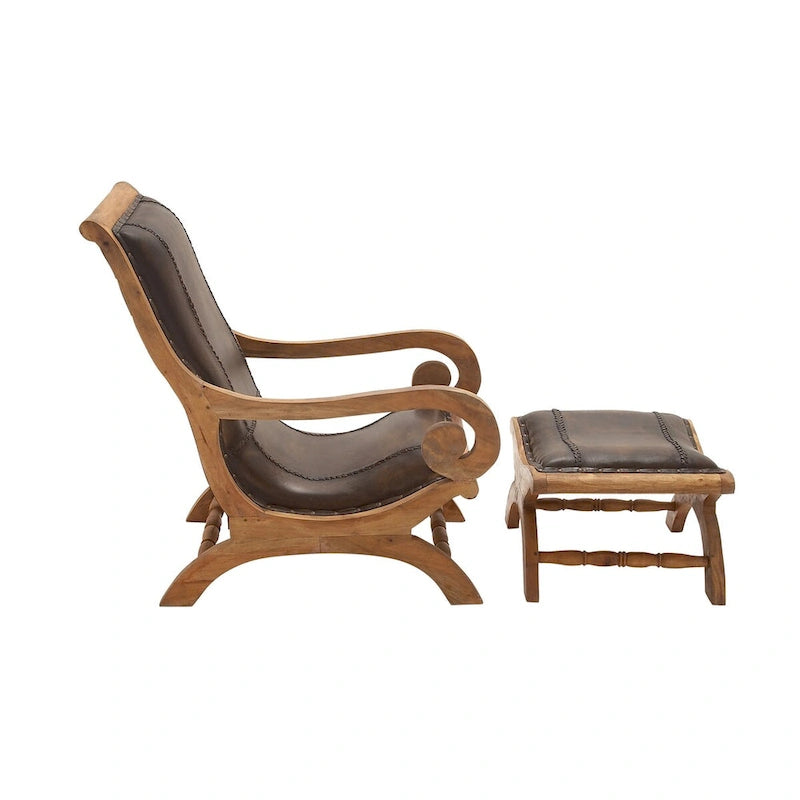 Teak Wood Handmade Upholstered Leather Accent Chair with Ottoman - Brown or Black - Roche River Decor