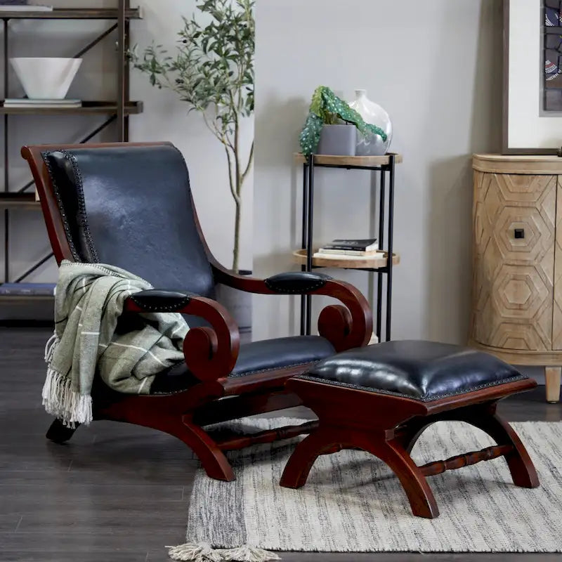 Teak Wood Handmade Upholstered Leather Accent Chair with Ottoman - Brown or Black - Roche River Decor