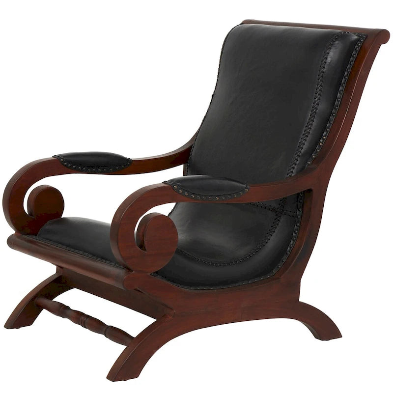 Teak Wood Handmade Upholstered Leather Accent Chair with Ottoman - Brown or Black - Roche River Decor