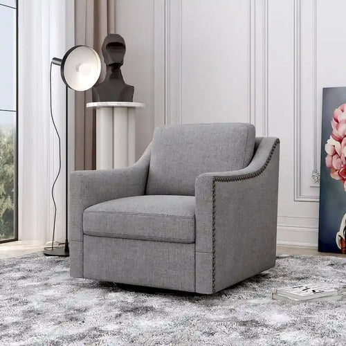 360 Degree Swivel Armchair Cotton linen fabric Ergonomic design Brass nail decorative armchair Living room chairs Black legs
