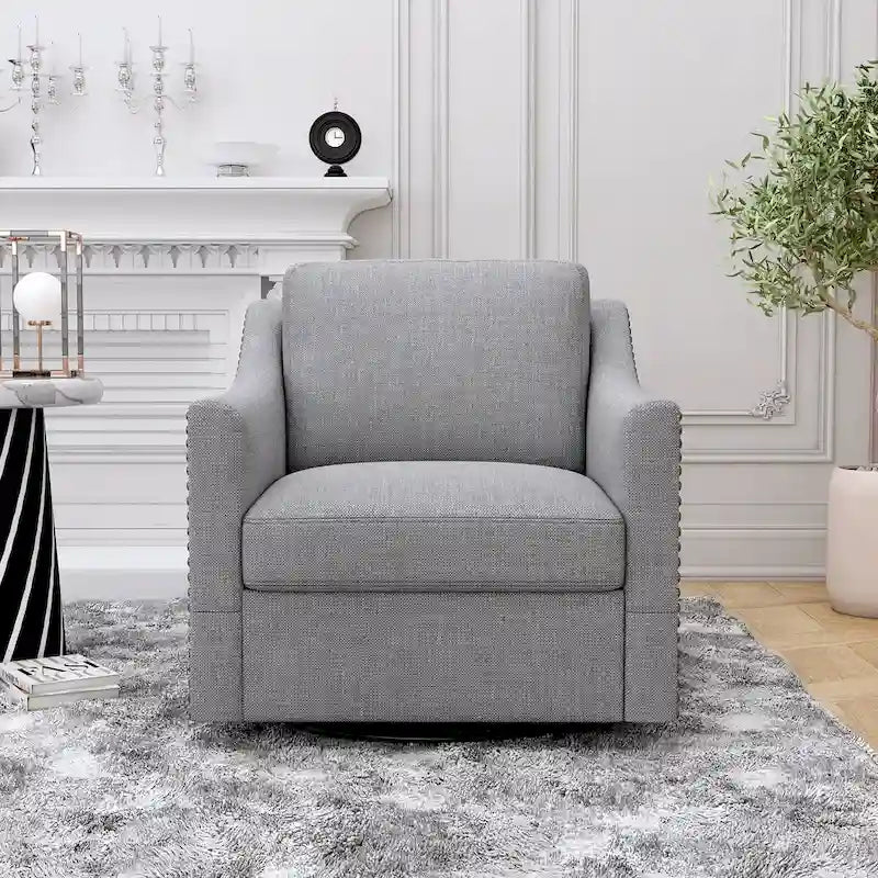 360 Degree Swivel Armchair Cotton linen fabric Ergonomic design Brass nail decorative armchair Living room chairs Black legs