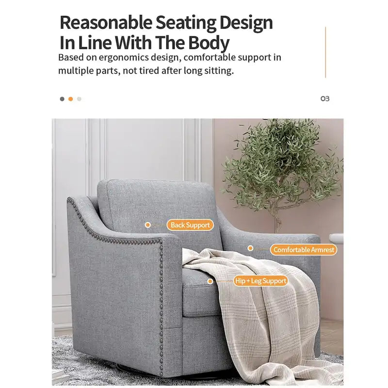 360 Degree Swivel Armchair Cotton linen fabric Ergonomic design Brass nail decorative armchair Living room chairs Black legs