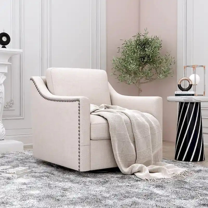 360 Degree Swivel Armchair Cotton linen fabric Ergonomic design Brass nail decorative armchair Living room chairs Black legs