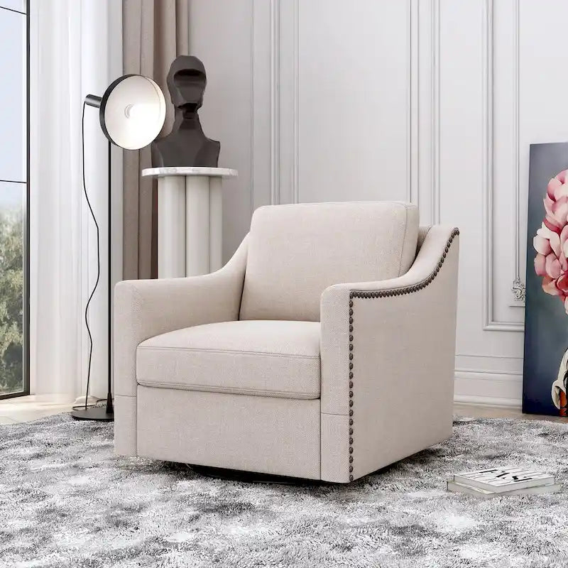 360 Degree Swivel Armchair Cotton linen fabric Ergonomic design Brass nail decorative armchair Living room chairs Black legs