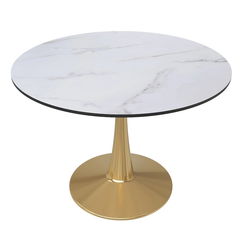 LeisureMod Bristol 40 Round Dining Table for 4 with MDF Tabletop in Gold Steel Base for Kitchen & Dining Room