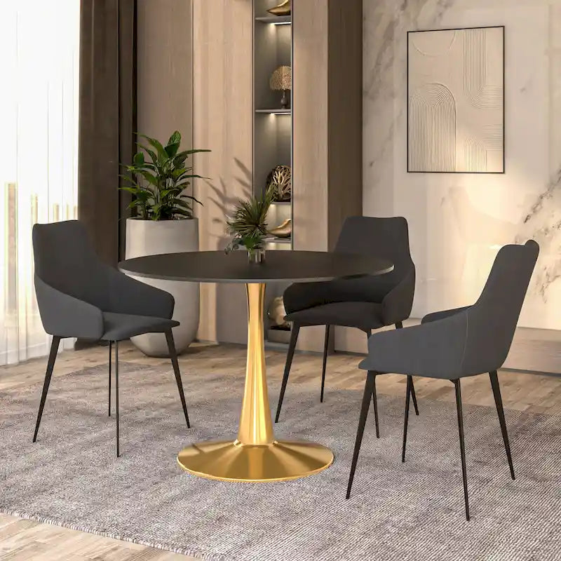 LeisureMod Bristol 40 Round Dining Table for 4 with MDF Tabletop in Gold Steel Base for Kitchen & Dining Room