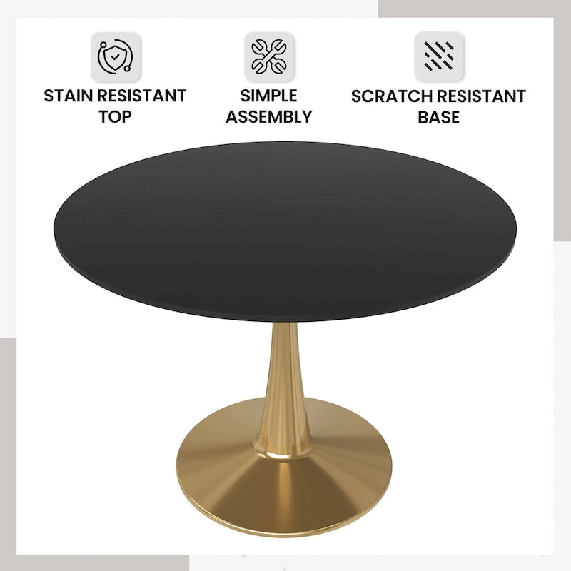 LeisureMod Bristol 40 Round Dining Table for 4 with MDF Tabletop in Gold Steel Base for Kitchen & Dining Room