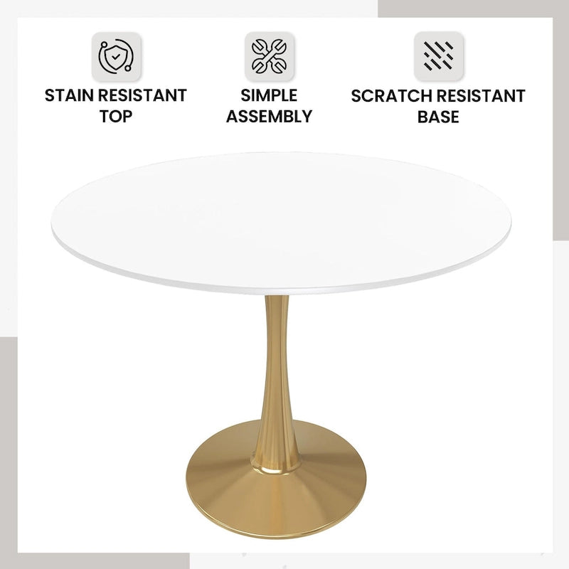 LeisureMod Bristol 40 Round Dining Table for 4 with MDF Tabletop in Gold Steel Base for Kitchen & Dining Room
